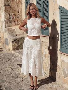ROMWE Set casual e romantico da vacanza, bianco, a 2 pezzi, con motivo a pizzo traforato e a forma di anacardi - Bianco - Visualizzare 8