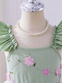 SHEIN Glamorique Kids Đầm công chúa dáng chữ A thanh lịch cho bé gái, dây mảnh, tay bồng, chất liệu lưới thêu, thích hợp cho các bữa tiệc ngày lễ, quà sinh nhật, kỳ nghỉ hè. - màu xanh lá - Xem 7