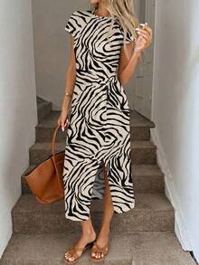 SHEIN LUNE Vestido ajustado elegante y de moda con estampado de cebra para mujer de talla grande - Multicolor - Ver 2