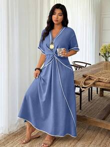 Weeklong Vestido maxi de manga corta con bloqueo de color en algodón y lino color albaricoque y negro, un vestido para mujer de talla grande adecuado para vacaciones casuales y salidas diarias en primavera y verano. - Azul - Ver 4