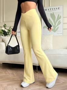 SHEIN EZwear 女士时尚百搭纯色重叠V腰喇叭裤 - 黃色 - 查看 6