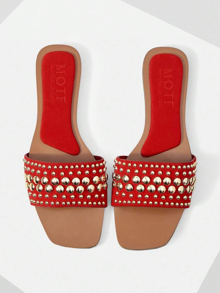 SQUARE TOE CONTRASTING COLOR FASHION RIVETS INLAID DAILY TRAVEL LEISURE COMMUTER VACATION STYLE SPRING AND SUMMER FLAT BOTTOM SLIPPERS