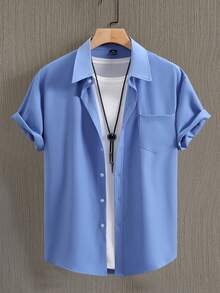 Manfinity Homme Camisa casual de manga corta de unicolor con bolsillo y abotonadura sencilla para hombre, formal - Azul lavado oscuro - Ver 5