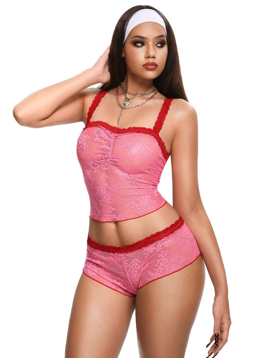 SHEIN 2 piezas Conjunto de lencería sexy para mujer, sujetador longline inalámbrico y delgado con panty - Rosa Fucsia - Ver 1