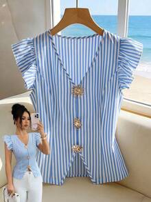 SHEIN Franclia 女士金属太阳装饰条纹荷叶袖衬衫 - 藍白色 - 查看 7