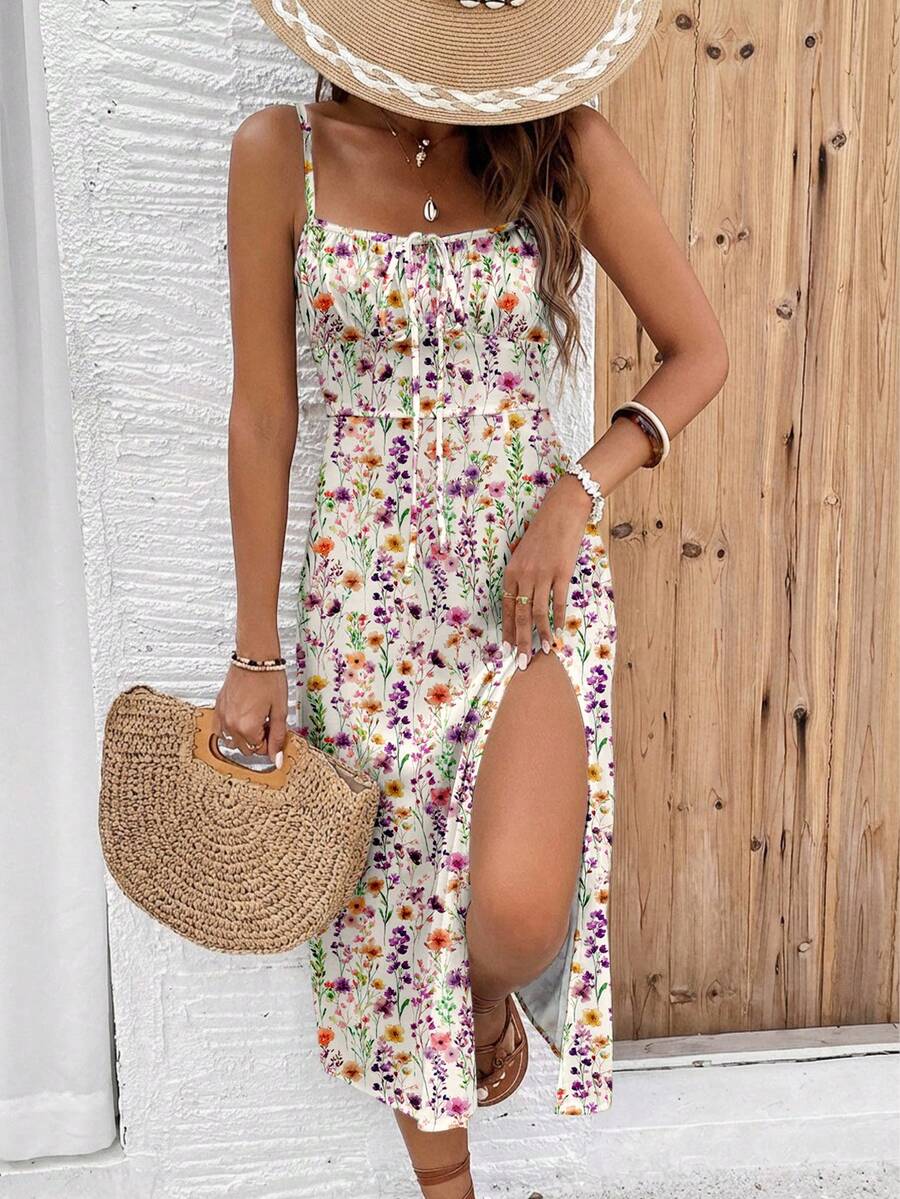 SHEIN Frenchy Đầm midi nữ kiểu Pháp cổ điển, thanh lịch, lãng mạn, retro, họa tiết hoa, xẻ cao, dây mảnh - Phong cách nghỉ hè tối giản, thanh lịch, đa năng, hoàn hảo cho mùa xuân. - Nhiều màu - Xem 1