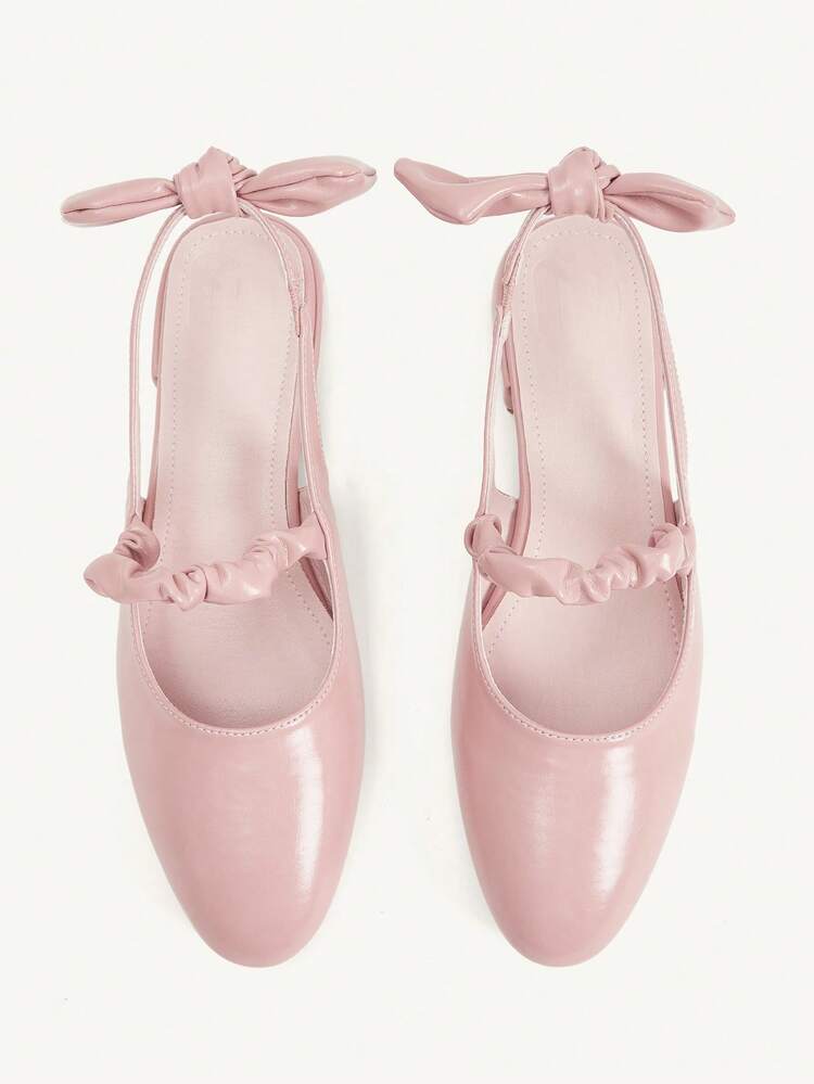 CUCCOO CHICEST Women's Shoes Round Head Pink Matte PU Rear Bow Decoration One Word Belt Rear Strap Elegant Wear Date Shoes Afternoon Tea Wear Flat Shoes