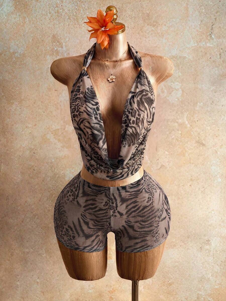 Mistrie Women's Animal Print Leopard Halter Top With Front Tie, Featuring Metal Ring Details And Cut-Out Design. Fashionable And Sexy Halter Backless Leopard Vest, Suitable For Vacations, Parties, And Music Festivals. - Baby Pink - View 1