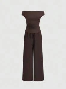 Sweetra Women's All-Match Versatile 2-Piece Set: Solid Color Off-Shoulder Top & Casual Drawstring Wide-Leg Pants - Chocolate Brown - View 3