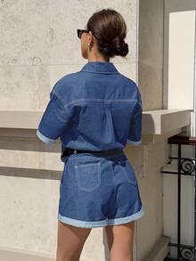 Siren Gaze Bộ jumpsuit denim nữ đa năng có túi và cúc cài, phong cách đường phố. - Màu xanh lam - Xem 7