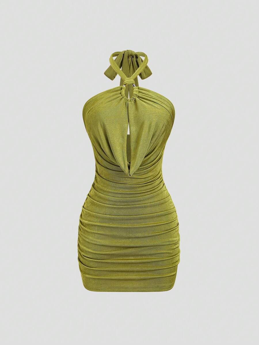 SHEIN Sweetro 金属质感面料深V领紧身迷你连衣裙 - 綠色 - 查看 1