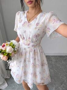 Modelyn Vestido corto con estampado digital fruncido de diseño francés para mujeres - Rosa Fucsia - Ver 3