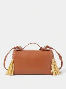 SHECARRY Ladies Handbag, Stylish And Simple, Elegant And Versatile, Classic, Straw Mat Tassel, Metal Padlock Decoration, Suitable For Commuting, Office, Dating, Daily, Shopping, Afternoon Tea And Other Occasions. - Beige - View 3