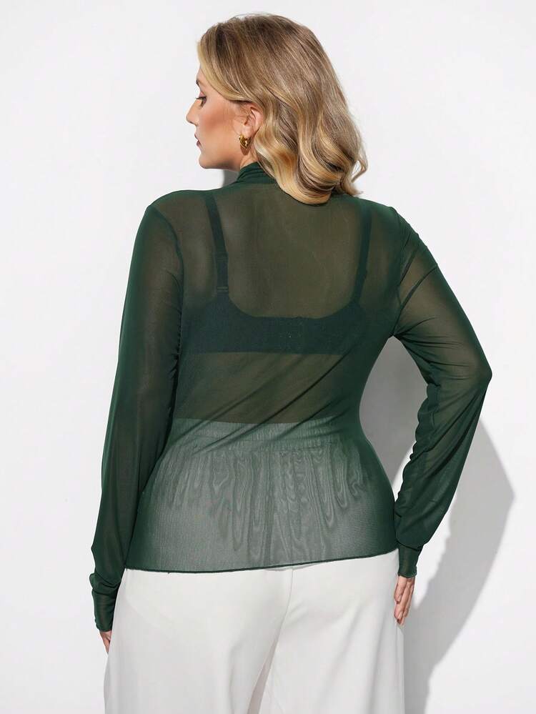 SHEIN Maija Plus Size Women High Neck Long Sleeve Fitted Sheer Blouse, Urban Commute Business Casual Basic Top, Summer Elegant Outfit