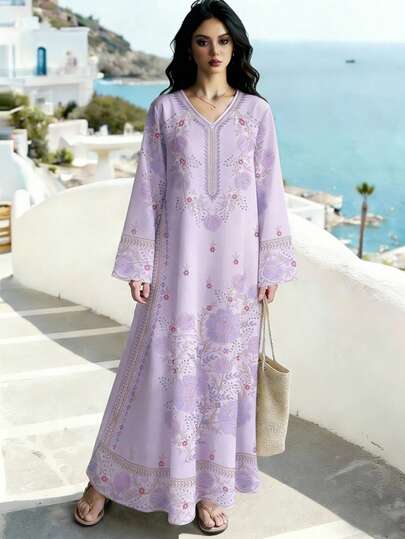 SHEIN Najma Đầm maxi dài tay cổ chữ V họa tiết hoa nhí, đầm dài màu tím nhạt thanh lịch với họa tiết hoa, thời trang xuân/hè.