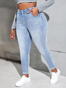 Slaydiva Quần jean skinny cạp cao rách dáng rộng cỡ lớn - Rửa nhẹ - Xem 6