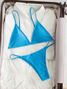 Swim Basics 女士夏季沙滩纯色吊带系带性感比基尼和三角泳裤套装 - 水鴨藍 - 查看 4