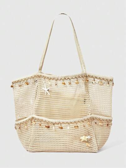 ROMWE Fairycore 1 Set Of Beige Woven Beach Tote Bags And Accessories, Stylish, Personalized Beach Resort-Style Women's Handbag (The Starfish Bag Requires DIY).