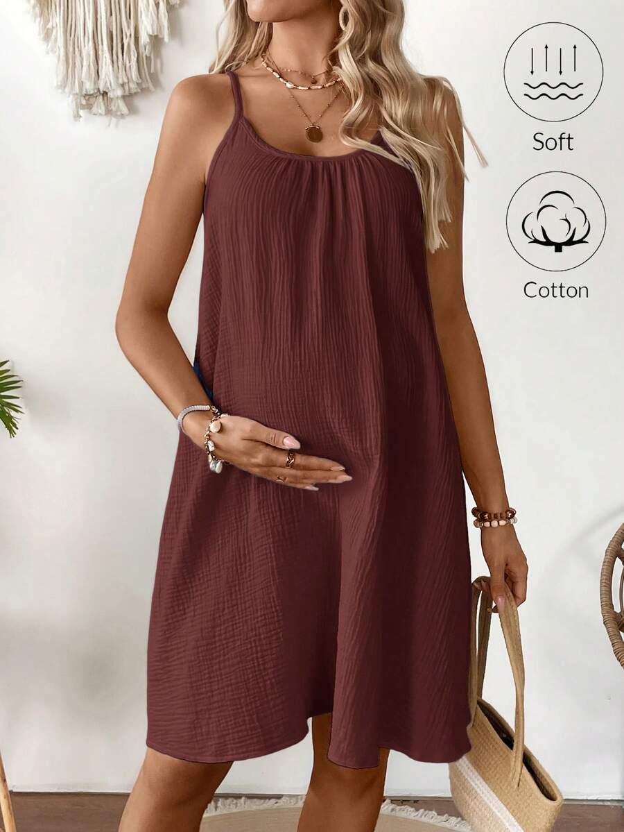 SHEIN Maternity Solid Color Pleated Casual Party Outing Camisole Dress - Coffee Brown - View 1