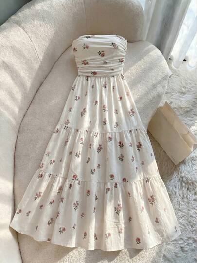 SHEIN Franclia 女士时尚优雅日常无袖褶皱碎花长裙