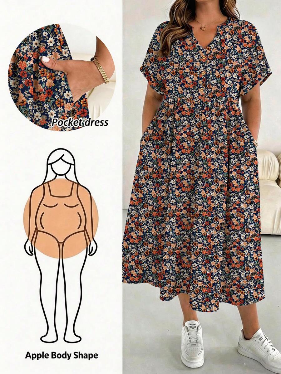 SHEIN Essnce 大码女式碎花短袖口袋休闲连衣裙 - 彩色 - 查看 1