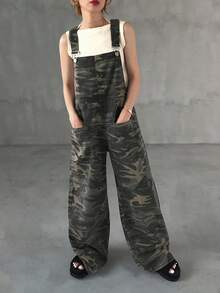 FRIFUL Bộ jumpsuit denim ống rộng dáng suông in họa tiết rằn ri phong cách đường phố thường ngày dành cho nữ, phù hợp cho việc đi lại hàng ngày. - Màu xanh lam - Xem 1