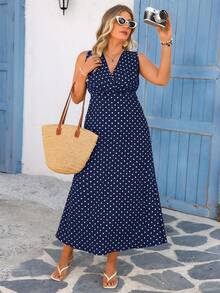 Plus Size Women V-Neck Polka Dot Casual Party & Outing Dress - Navy Blue - View 4