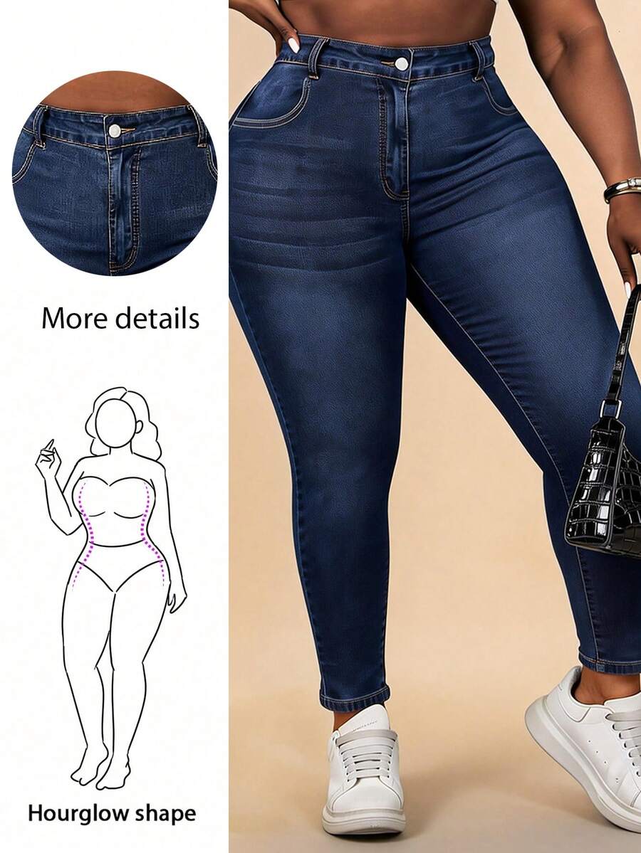 CurvyTilda بنطلون جينز نحيل باهت اللون مقاس كبير - أزرق داكن - مشاهدة 1