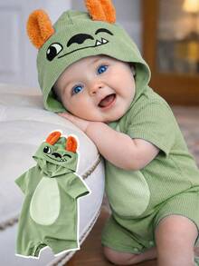 SHEIN Unisex Newborn Baby Cute 3D Big Ear Design Hooded Short Sleeve Romper Set - Green - View 8