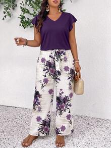 SHEIN Frenchy Bộ đồ 2 mảnh dành cho nữ cỡ lớn: Áo tay ngắn cổ chữ V trơn và quần in hoa, kiểu dáng thường ngày. - Nhiều màu - Xem 3