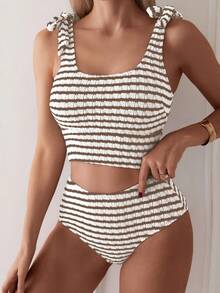Swim Lushoire Conjunto de top de tanque de cuello redondo sólido con rayas y estampado con lazos en la parte posterior y Bottom de bikini triangular sólido para las vacaciones en la playa de verano - Multicolor - Ver 5