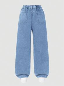 SHEIN ChillGRL Quần jeans ống rộng thêu hình trái tim kiểu dáng mới dành cho bé gái tuổi teen, phù hợp cho mùa xuân, hè, thu và đông - Hàng mới về mùa thu/đông - Rửa nhẹ - Xem 2