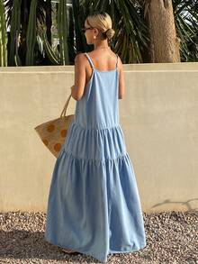 Livesso Women's Blue Backless Spaghetti Strap Dress, Casual Vacation Beach Style, Spring & Summer - Blue - View 4