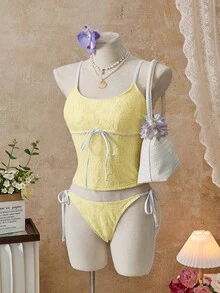Swim Mod 26SS 春夏度假沙滩可爱蓝色蕾丝花朵蝴蝶结比基尼两件套 - 黃色 - 查看 6