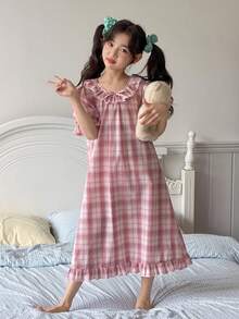 DAZY Girls' Plaid Short Sleeve Long Dress Sleepwear, Loose Lightweight Summer Pajamas, Plus Size - Pink - View 5
