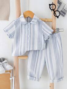 SHEIN 2pcs Young Boys' Casual Comfortable Versatile Vertical Striped Short Sleeve Shirt And Straight Leg Pants Set - Dusty Blue - View 4