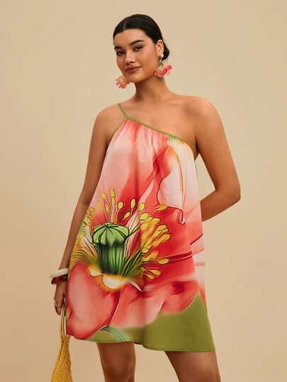 Travachic Plus Size Floral Print Asymmetric Collar Sleeveless Summer Dress