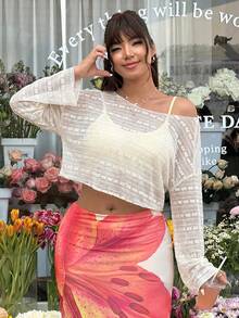 GalTyme Áo kiểu ren xuyên thấu màu trơn dành cho nữ cỡ lớn - Màu be - Xem 4