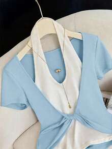 GlowEve Áo dệt kim 2 trong 1 cổ yếm thời trang mùa hè dành cho nữ, áo thun tay ngắn dáng rộng phối màu tương phản với phần trước xoắn. - Nhiều màu - Xem 5