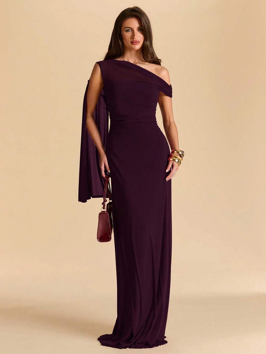 SHEIN BAE Đầm ôm sát dáng đuôi cá bất đối xứng, xếp ly, vai lệch, màu tím cà tím hồng, chất liệu lưới, thích hợp cho kỳ nghỉ biển, mùa xuân/hè. - Màu Tím - Xem 1