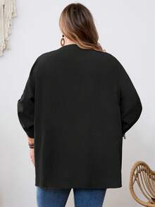 SHEIN CURVE+ Curve Size US22Music Festival, Seaside Vacation, Bohemia Casual Solid Color Lace Patchwork Front Button Loose Blouse - Black - View 3