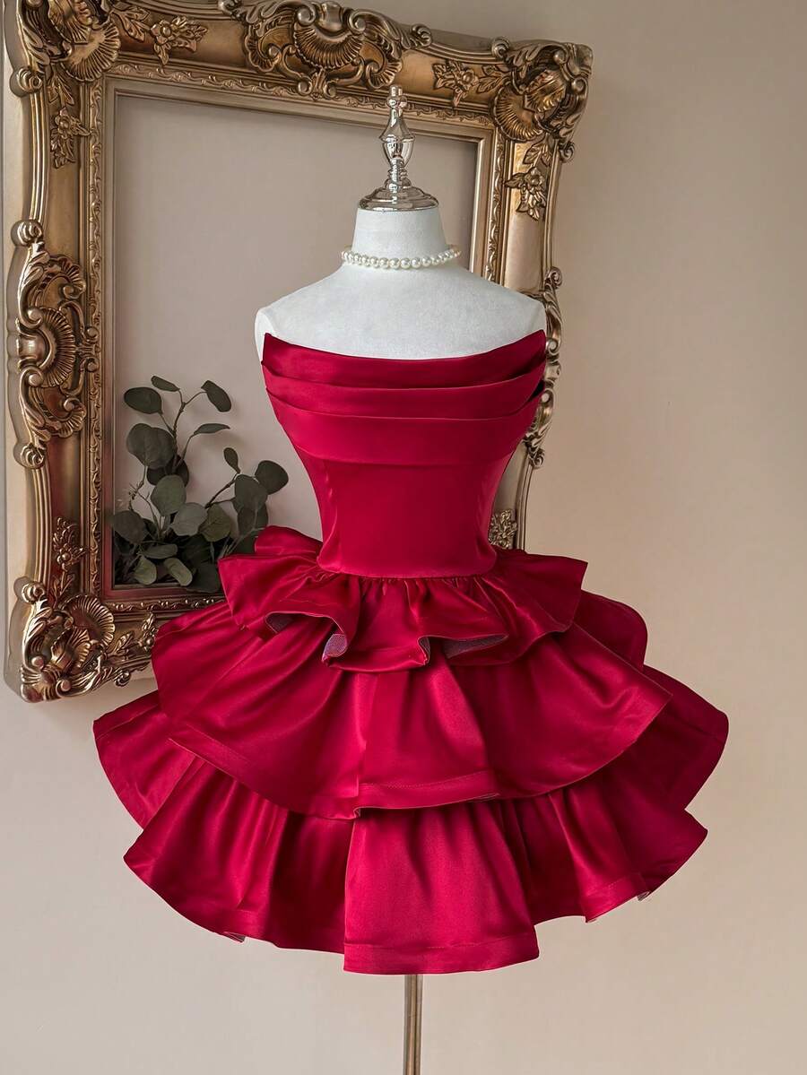Lovelzi Gaun Pesta Pernikahan Musim Panas Elegan Warna Merah Anggur, Gaun Satin Modis dengan Bahu Terbuka dan Hem Bergelombang untuk Pesta Lajang, Wisuda, dan Acara Bridal Shower - Merah - View 1
