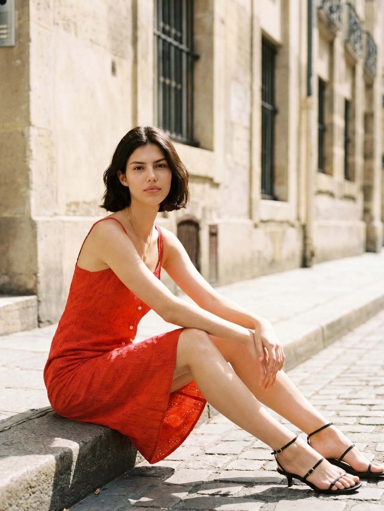 Red Embroidered Midi Dress With Front Placket Spring Summer Vacation Dress Red Holiday Dress Festival Dress French Style Parisian Style
