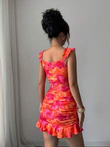BamGleam Summer Casual Floral Print Ruffle Hem Mini Dress - Hot Pink - View 3