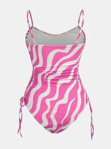 Maija Women's Spaghetti Strap Contrast Color Ruched Sleeveless Zebra Print One-Piece Swimsuit, Summer Fashion Beach Vacation Pink And White Striped Sexy - Hot Pink - View 7