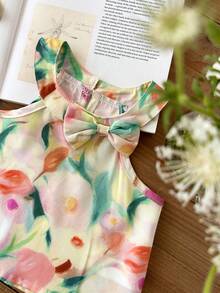 SHEIN Baby Girl Outfits 6Months-3year 2pcs/Set Pastel Yellow Summmer Tropical 2nd Birthday Elegant Sleeveless Ruffled Flower Printing Top And Shorts Suit - Multicolor - View 3