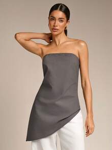 COSMINA Women's Charcoal Gray Asymmetric Hem Tube Top,Elegant Minimalist Chic Summmer Tops,Solid Color Fashionable Classy Formal Brunch Top For Woman - Dark Grey - View 5