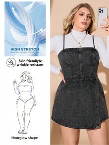 CurvyTilda Plus Size Denim Jumpsuit, Casual Bib Overall Fitted Mini Blue, For Hourglass Body Shape, For Body Shape, For Summer - Black - View 9