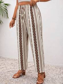 SHEIN Frenchy Quần dài nữ cỡ lớn in họa tiết sọc hình học dành cho kỳ nghỉ - Nhiều màu - Xem 7