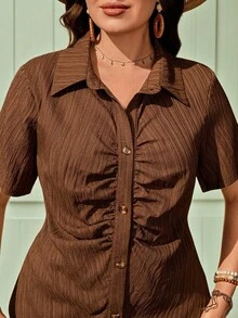 SHEIN LUNE Women's Plus Size Chocolate Brown Autumn Western Hiking Shirt,Pleated Short Sleeve Button Down Blouse,Slim Fit Elegant Chic Music Festival Outfits - Brown - View 5